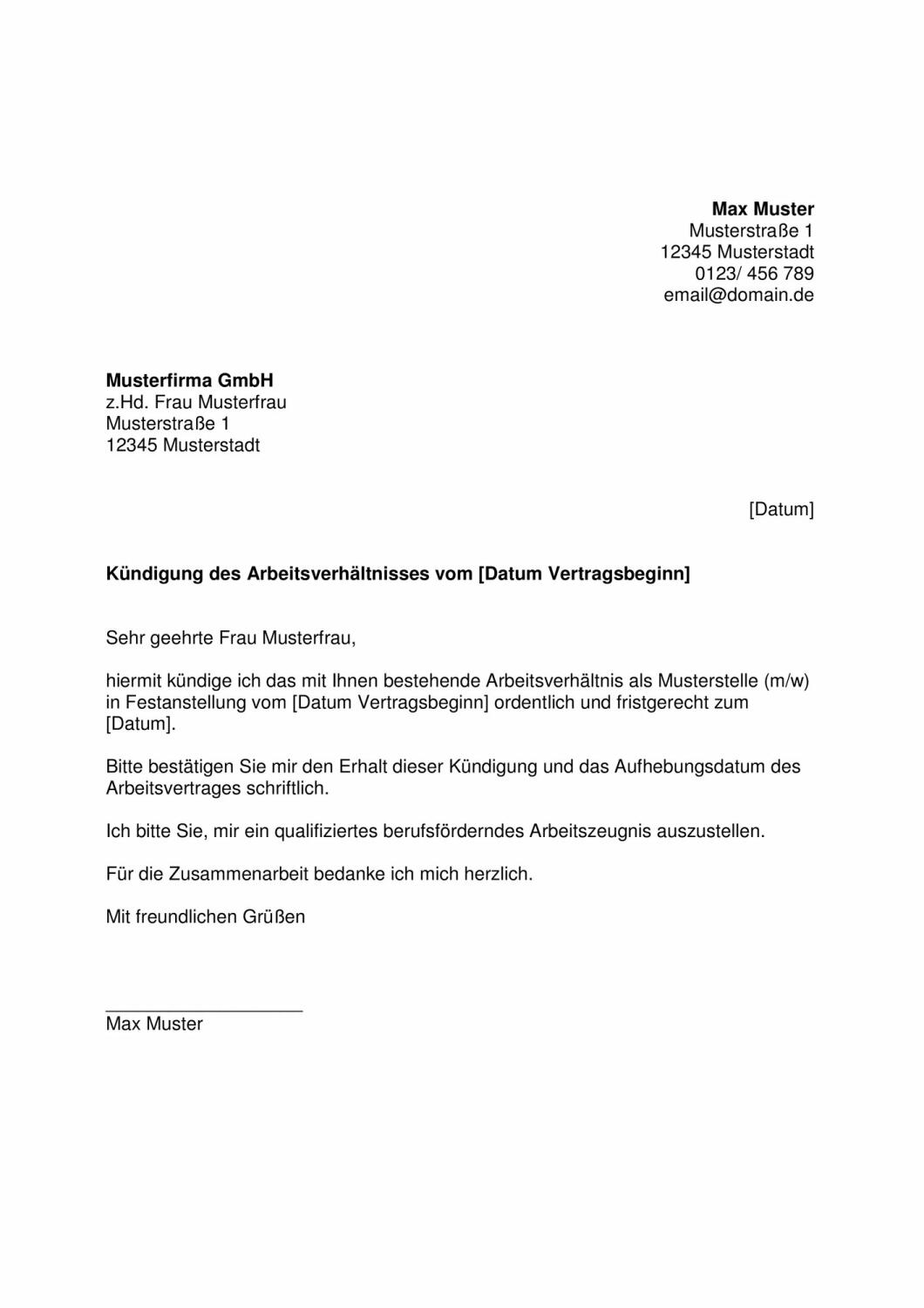 Kostenlose Muster-Kündigung: Arbeitsvertrag (Word-Vorlage)